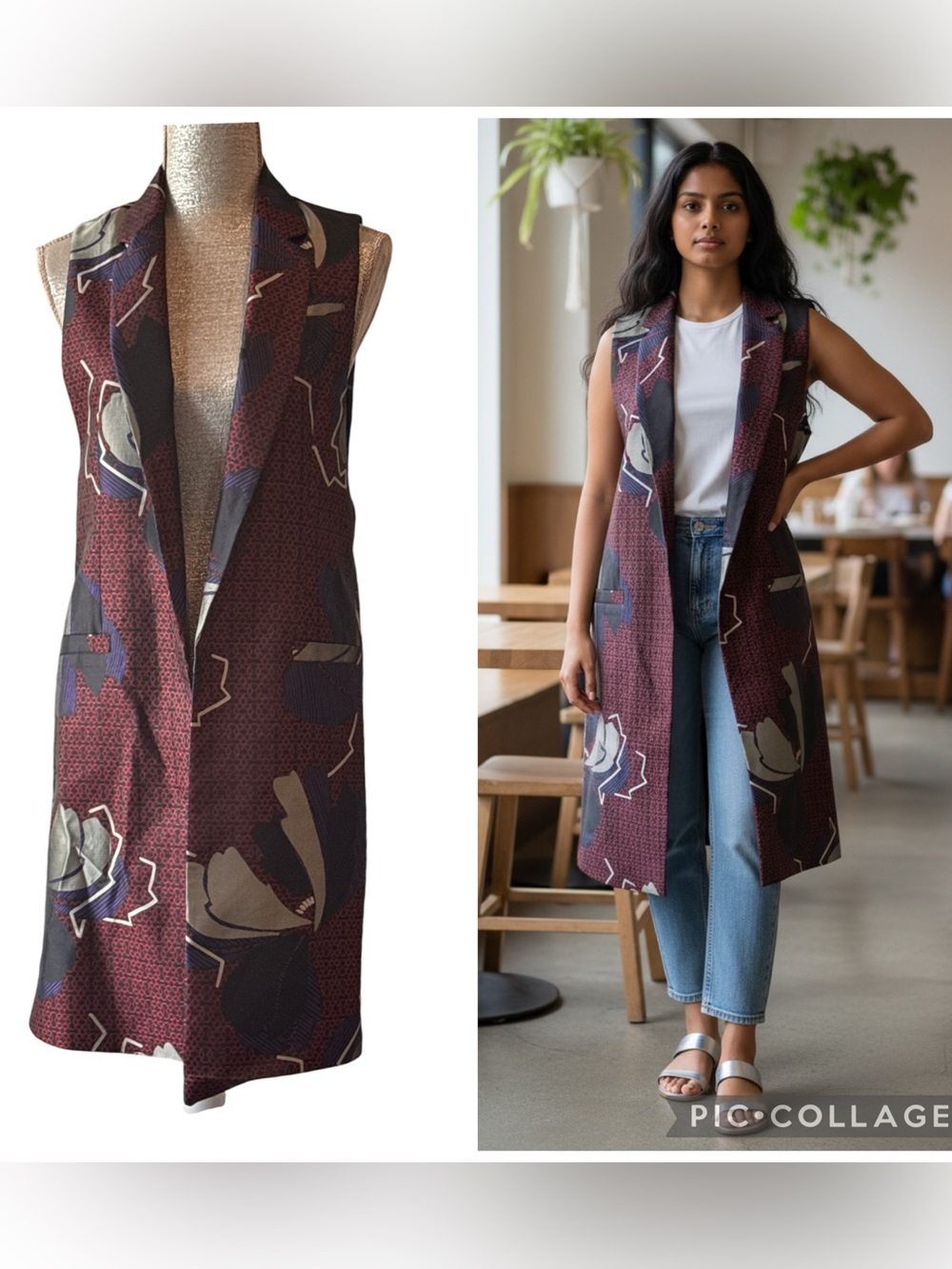 River Island Black Multi Abstract Print Longline Blazer Vest Size 8